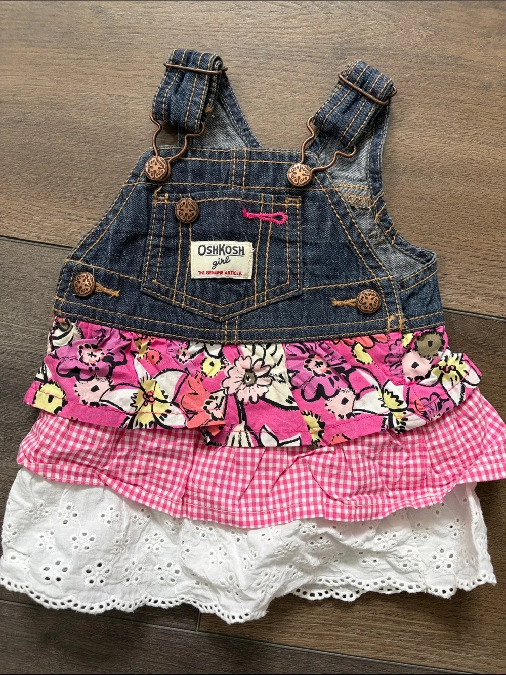 OshKosh B'gosh Denim Overall Dress with Pink Floral & White Eyelet Ruffles 3 mo